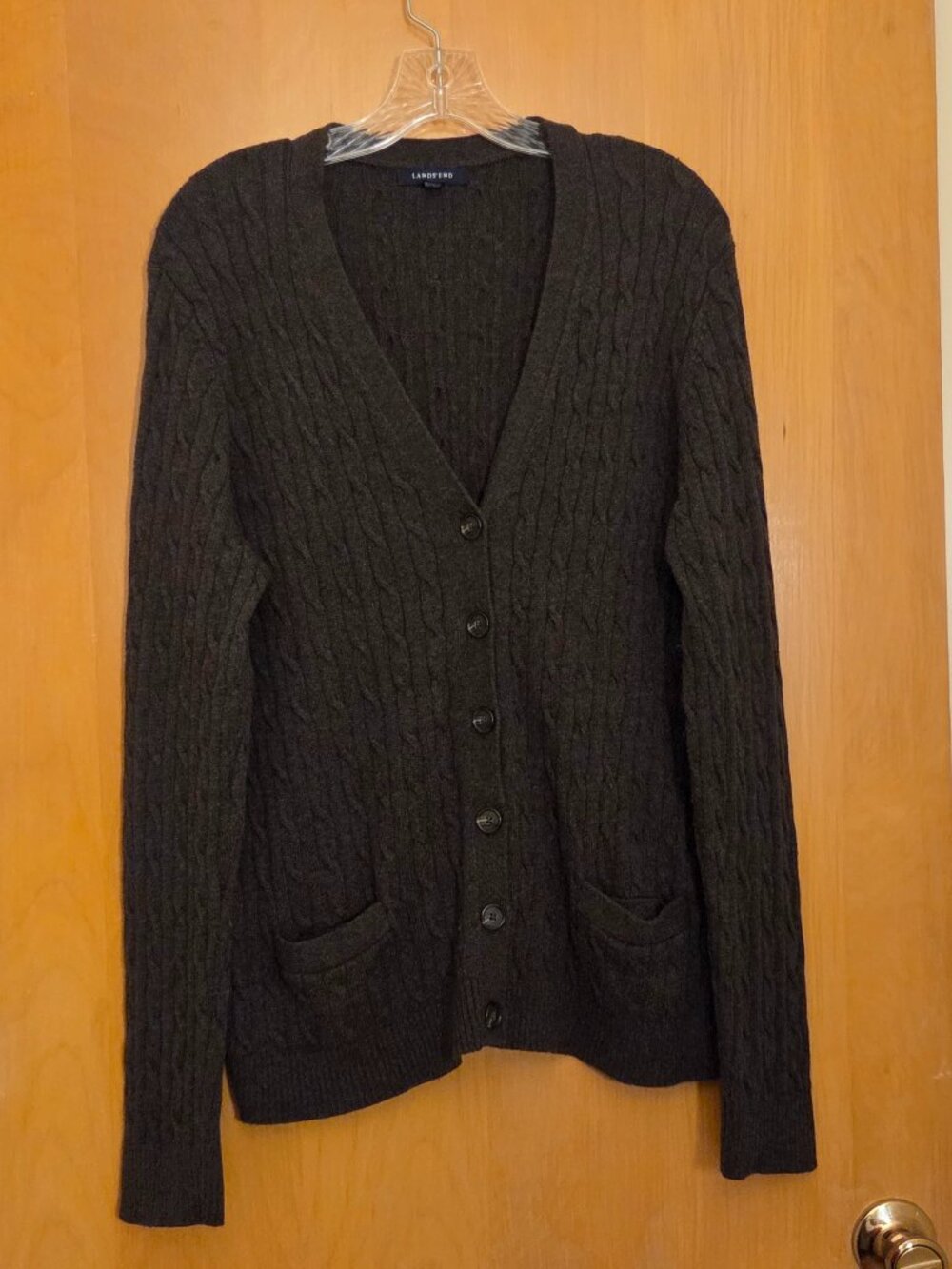 Y2K Lands End Cable Knit Cardigan Sweater Womens XL Cotton Wool Chocolate Brown